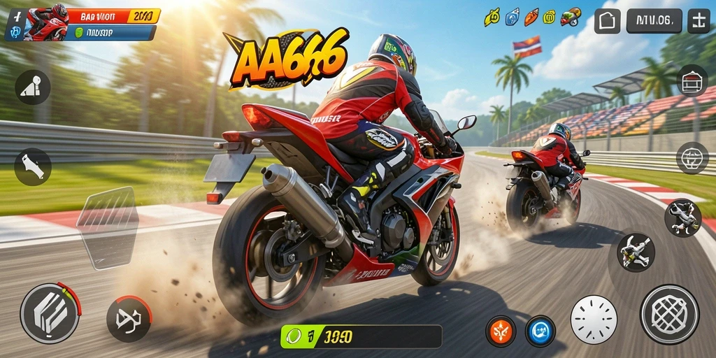 Screenshot utama AA666 menampilkan balapan motor yang mendebarkan.