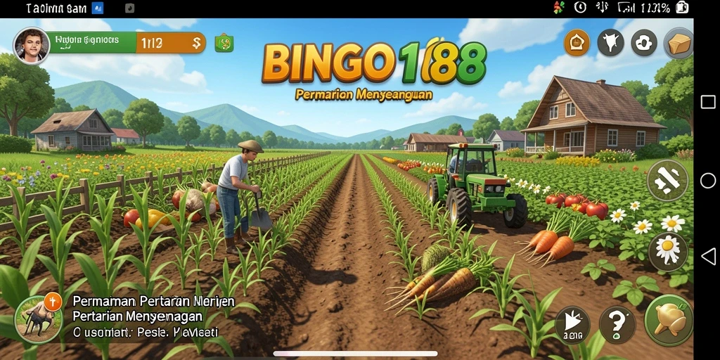 Tangkapan layar dari gameplay BINGO188 dengan suasana pertanian yang ceria.