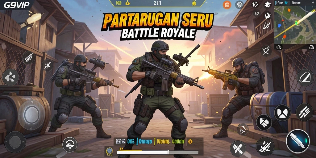 Screenshot G9VIP yang menunjukkan aksi intens pertarungan Battle Royale.