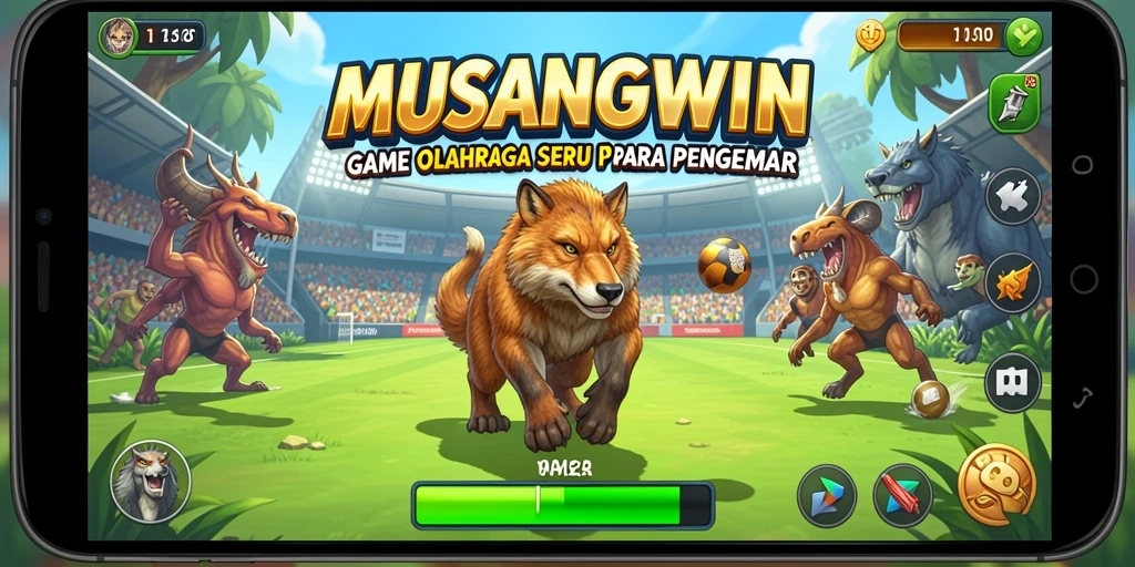 Tangkapan layar utama MUSANGWIN menampilkan aksi seru pertandingan olahraga.